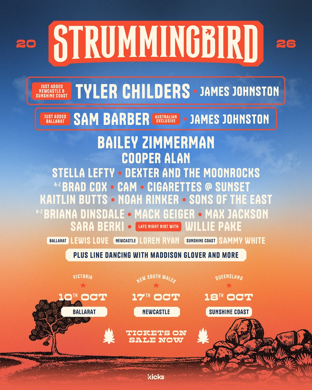 Strummingbird 2026 festival poster featuring Tyler Childers and Sam Barber, with dates for Ballarat, Newcastle, and Sunshine Coast.